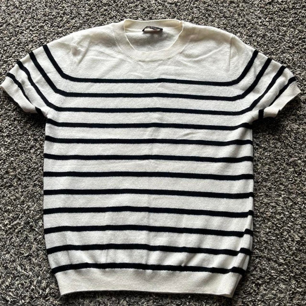 Quince Mongolian Cashmere Striped Short Sleeve Sweater Ivory Black L STIEC01